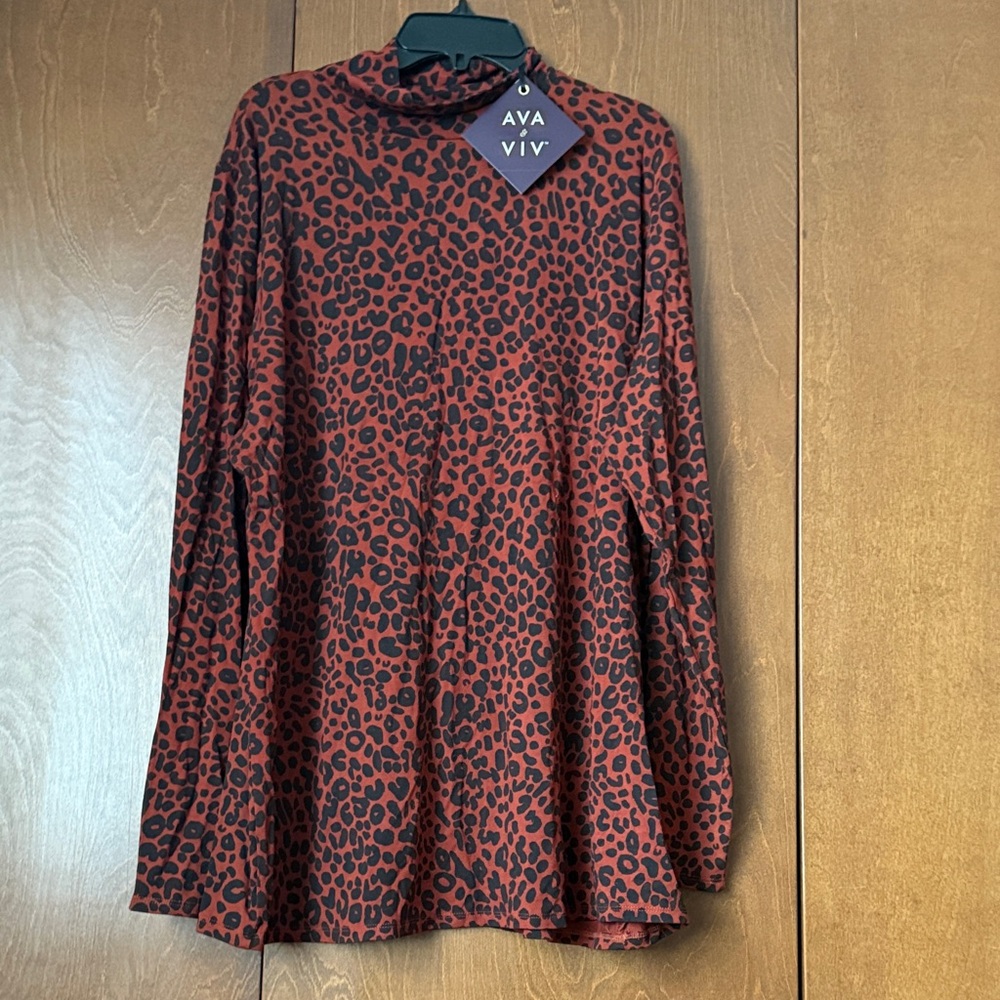 Ava & Viv Black & Rust Red Leopard Print, Mock Neck Tunic NWT 1X